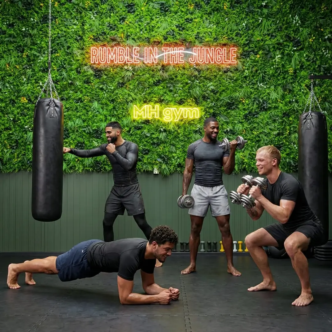 Kleine groep die samen traint bij MH Personal Coaching — bokszak, dumbbells en grondoefeningen